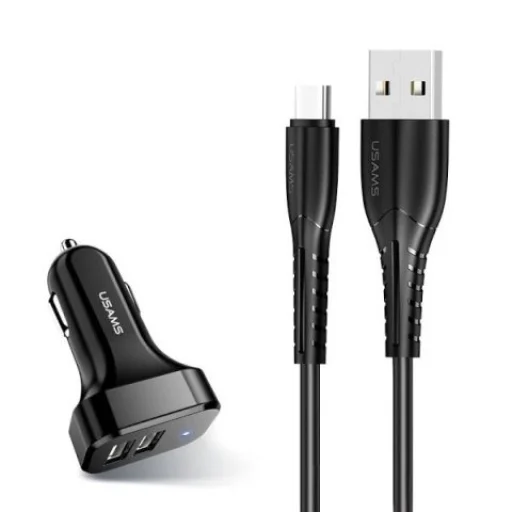 USAMS C13 2xUSB autóz szivargyújtós töltő 2,1A Micro USB kábellel fekete - 1