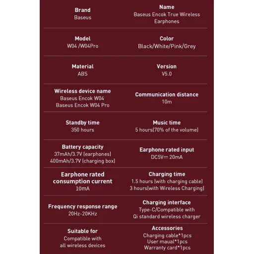 Baseus Encok W04 Pro vezeték nélküli Bluetooth TWS fülhallgató rózsaszín (NGW04P-04) - 9