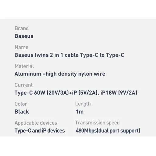 Baseus Twins 2in1 kábel, USB Type C PD - USB Type C tápegység (60W 20V / 3A) + Lightning (9V 2A) kábel 1m fekete (CATLYW-H01) - 7