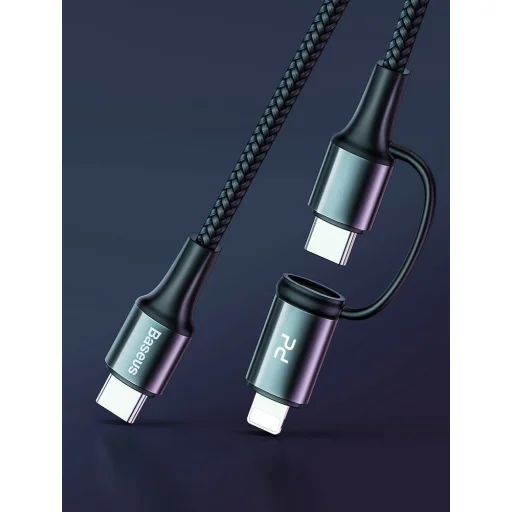 Baseus Twins 2in1 kábel, USB Type C PD - USB Type C tápegység (60W 20V / 3A) + Lightning (9V 2A) kábel 1m fekete (CATLYW-H01) - 8