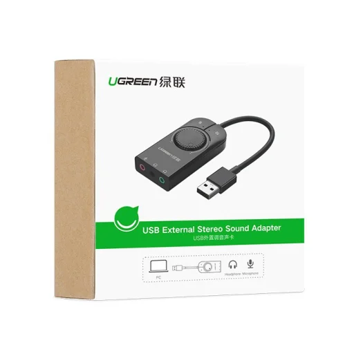 Ugreen USB külső hangkártya 3.5mm-es mini jack hangerőszabályzóval, 15cm fekete (40964) - 3