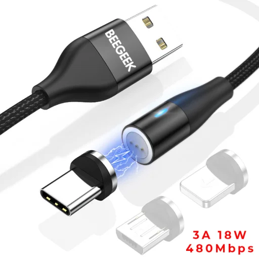 BeeGeek AM60 USB kábel 1M 3A 18W QC 3.0 gyorstöltés USB-C, Type-C mágneses fejjel, 1m fekete - 2
