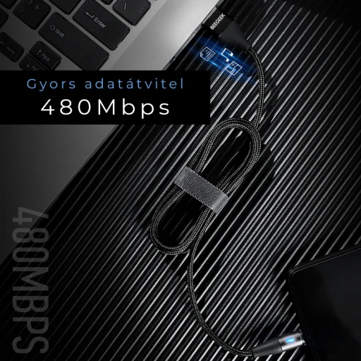BeeGeek AM60 USB kábel 1M 3A 18W QC 3.0 gyorstöltés USB-C, Type-C mágneses fejjel, 1m fekete - 5