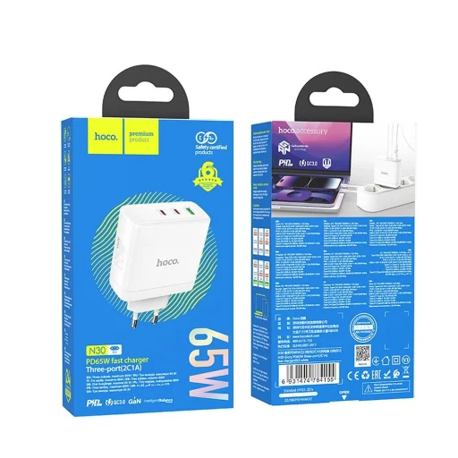 HOCO fali töltő 2 x Type C + USB A QC PD 65W GaN N30 fehér - 9