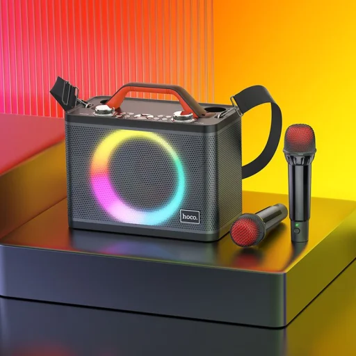 HOCO vezeték nélküli hangszóró dancer outdoor karaoke + 2x vezeték nélküli mikrofon LED Jenny BS57 fekete (+ FBT, TF, USB, AUX) - 8