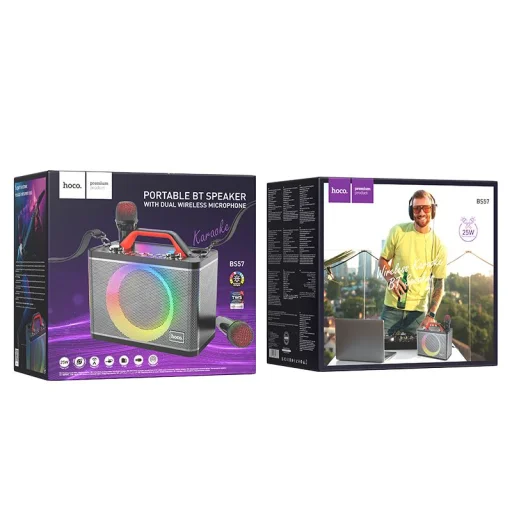 HOCO vezeték nélküli hangszóró dancer outdoor karaoke + 2x vezeték nélküli mikrofon LED Jenny BS57 fekete (+ FBT, TF, USB, AUX) - 9