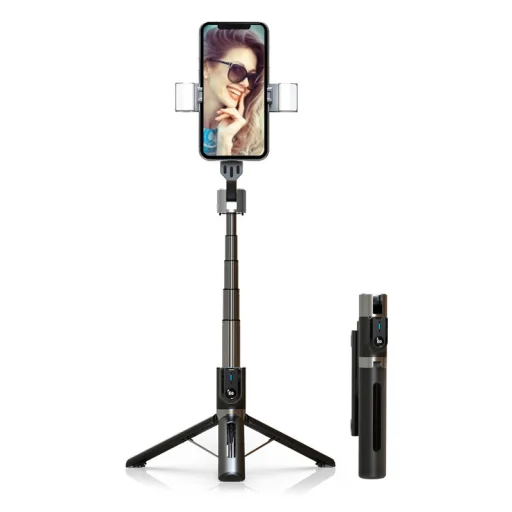 Selfie bot - levehető bluetooth távirányítóval, állvánnyal és 2 LED lámpával - P96D-2 FEKETE - 1