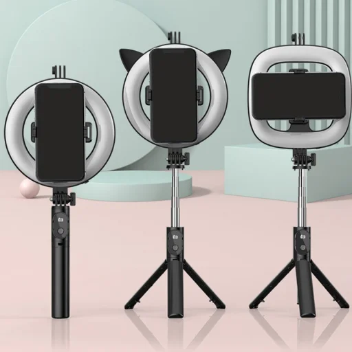 Selfie bot - levehető bluetooth távirányítóval, állvánnyal és körlámpával - P20D-4 Fekete - 2