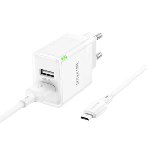 Borofone hálózati töltő BN15 Strong - 2xUSB - 2,1A USB-Micro USB kábellel fehér - 2