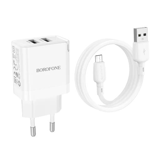 Borofone hálózati töltő BN15 Strong - 2xUSB - 2,1A USB-Micro USB kábellel fehér - 6
