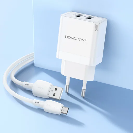 Borofone hálózati töltő BN15 Strong - 2xUSB - 2,1A USB-Micro USB kábellel fehér - 8