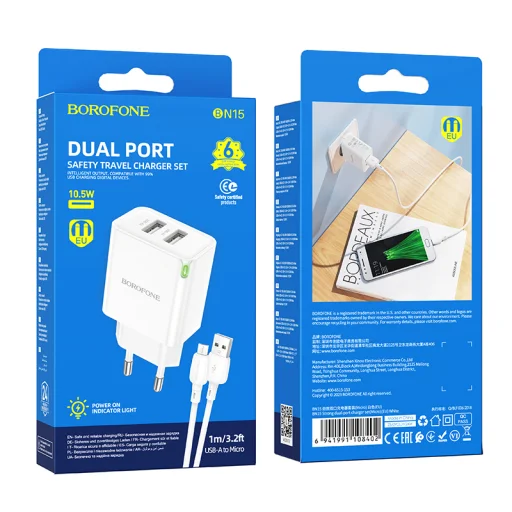 Borofone hálózati töltő BN15 Strong - 2xUSB - 2,1A USB-Micro USB kábellel fehér - 9