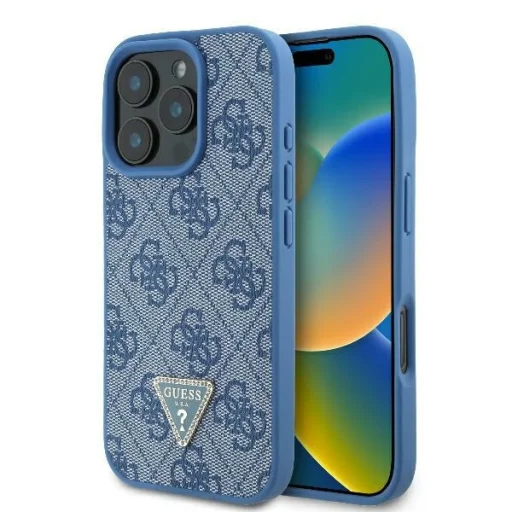  iPhone 16 Pro Max kék Original Case GUESS hardcase Leather 4G Triangle Strass Magsafe GUHCP16XP4TDPB tok - 1