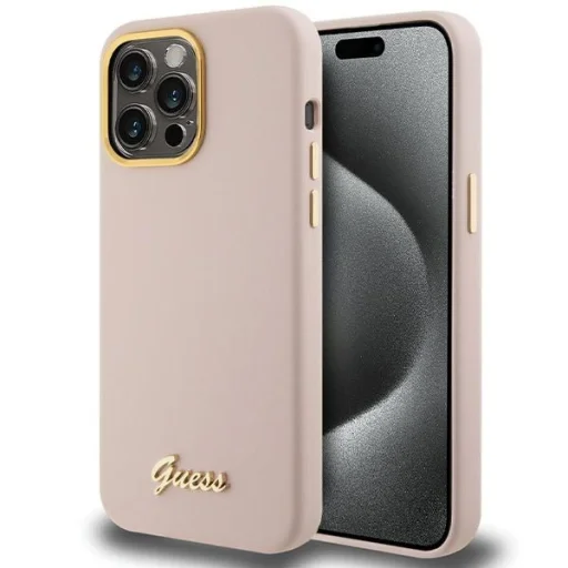 GUESS tok IPHONE 15 Pro GUHCP15LSMBSLP (Szilikon Felirat Fém Logóval és Kerettel) rózsaszín - 1