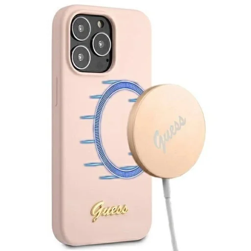 Guess GUHMP13XLSLMGLP iPhone 13 Pro Max 6.7" világos rózsaszín tok Silicone Script arany logó Magsafe - 1