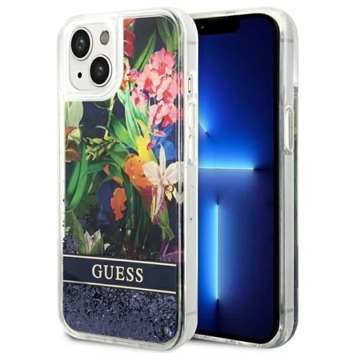 Guess GUHCP14SLFLSB iPhone 14 6.1" kék keménytok Flower Liquid Glitter - 1