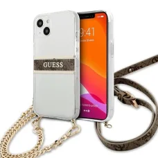 Guess GUHCP13SKC4GBGO iPhone 13 mini 5.4" Átlátszó keménytok 4G Barna Pánt Arany Lánccal tok