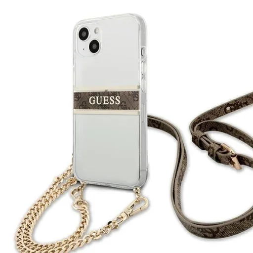 Guess GUHCP13SKC4GBGO iPhone 13 mini 5.4" Átlátszó keménytok 4G Barna Pánt Arany Lánccal tok - 2