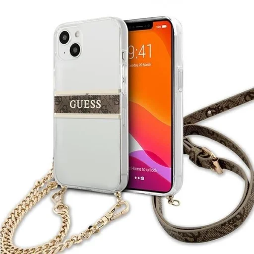 Guess GUHCP13SKC4GBGO iPhone 13 mini 5.4" Átlátszó keménytok 4G Barna Pánt Arany Lánccal tok - 1