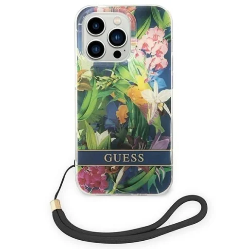 Guess GUOHCP14LHFLSB iPhone 14 Pro 6.1" kék / kék keménytok Flower Strap tok - 2