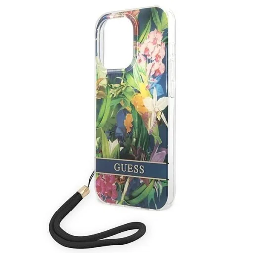 Guess GUOHCP14LHFLSB iPhone 14 Pro 6.1" kék / kék keménytok Flower Strap tok - 5