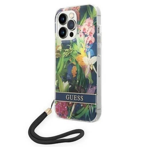 Guess GUOHCP14LHFLSB iPhone 14 Pro 6.1" kék / kék keménytok Flower Strap tok - 1