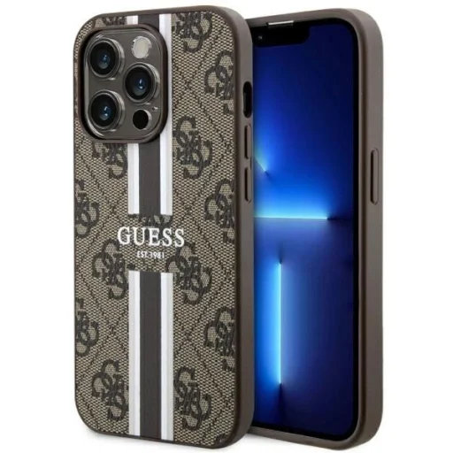 Guess GUHMP14LP4RPSW iPhone 14 Pro 6.1" barna/barna keménytok 4G Printed Stripes MagSafe tok - 1