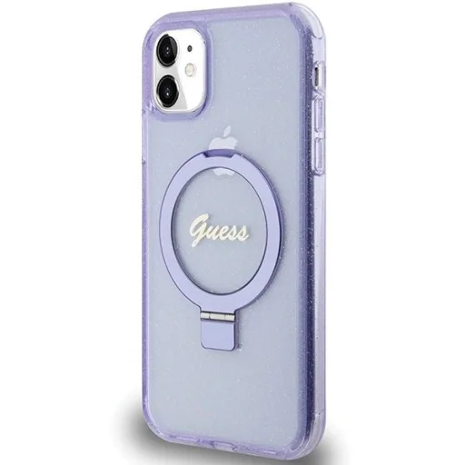 Guess Ring Állvány Script Glitter MagSafe tok iPhone 11 - lila - 2