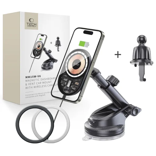 Tech-protect Mm15w-v6 Magnetic Magsafe Műszerfalra és Légnyílásra Szerelhető Autós Telefontartó Vezeték Nélküli Töltő 15w Fekete. - 1