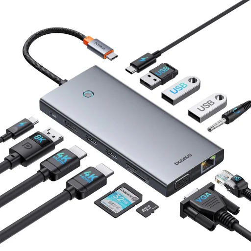 HUB Baseus PortalJoy Sorozat 13 az 1-ben USB-C - 2x HDMI / DP / VGA / USB-A 3.1 / USB-C 3.1 / USB-A 2.0 / PD / RJ45 / SD / TF / AUX - szürke - 4