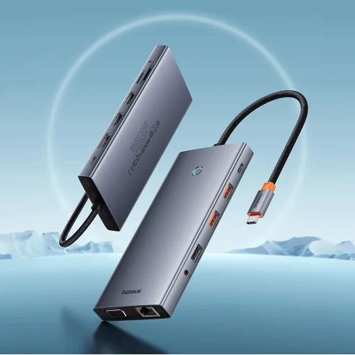 HUB Baseus PortalJoy Sorozat 13 az 1-ben USB-C - 2x HDMI / DP / VGA / USB-A 3.1 / USB-C 3.1 / USB-A 2.0 / PD / RJ45 / SD / TF / AUX - szürke - 7