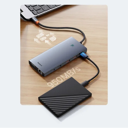 HUB Baseus PortalJoy Sorozat 13 az 1-ben USB-C - 2x HDMI / DP / VGA / USB-A 3.1 / USB-C 3.1 / USB-A 2.0 / PD / RJ45 / SD / TF / AUX - szürke - 10