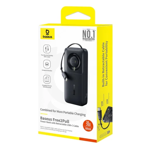 Baseus Free2Pull 10000mAh 30W powerbank USB-C porttal és visszahúzható USB-C kábellel - fekete - 4