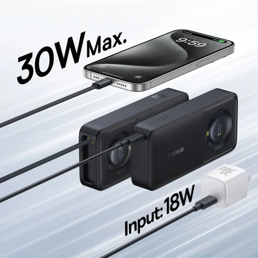 Baseus Free2Pull 10000mAh 30W powerbank USB-C porttal és visszahúzható USB-C kábellel - fekete - 7