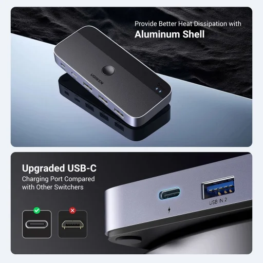 Ugreen CM662 USB 3.0 switch 2-in-4 switch + 2x USB-A kábel - fekete - 4