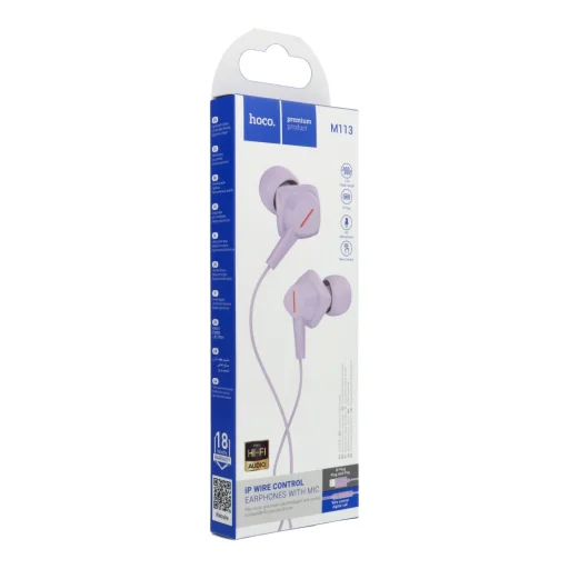 HOCO vezetékes fülhallgatók Lightning csatlakozóval és mikrofonnal M113 lila - 1