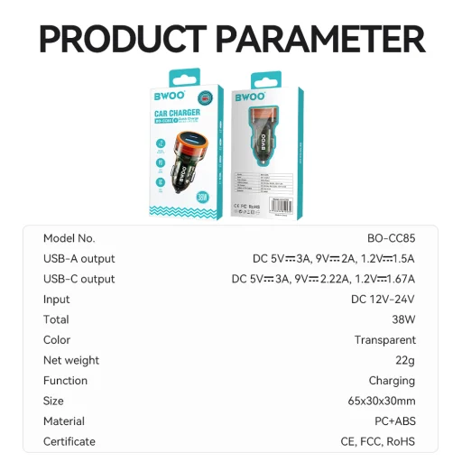 BWOO 38W gyors átlátszó autós töltő BO-CC85 QC 18W + PD 20W - 13