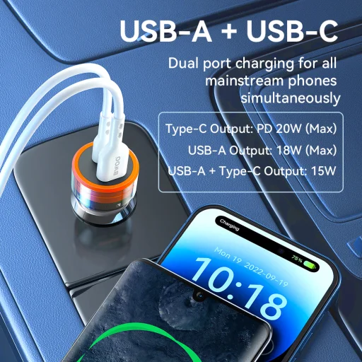 BWOO 38W gyors átlátszó autós töltő BO-CC85 QC 18W + PD 20W - 10