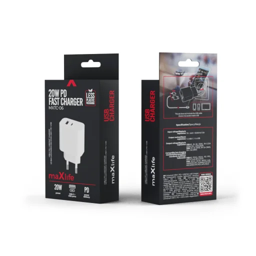 Maxlife MXTC-06 PD QC töltő 1x USB-C 1x USB-A 20W fehér - 12