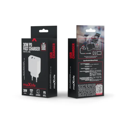 Maxlife MXTC-06 PD QC töltő 1x USB-C 1x USB 30W fehér - 12