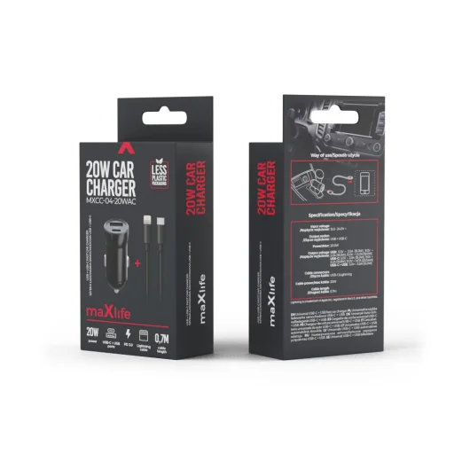 Maxlife MXCC-04 PD QC autós töltő 1x USB-C 1x USB 20W fekete + USB-C - Lightning kábel 27W - 13