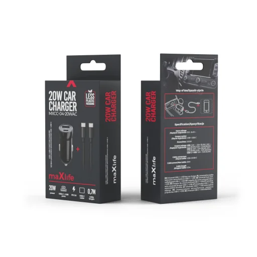 Maxlife MXCC-04 PD QC autós töltő 1x USB-C 1x USB 20W fekete + USB-C - USB-C kábel 60W - 13