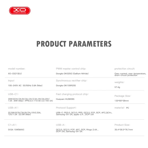 XO hálózati töltő CE21 PD 30W 1x USB-C 1x USB fehér + kábel USB-C - Lightning - 6