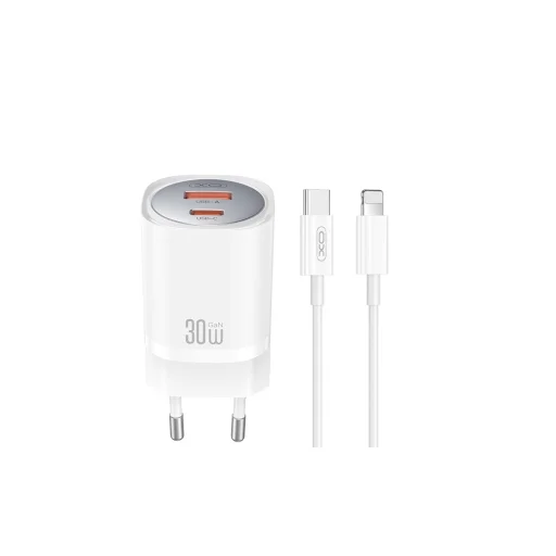 XO hálózati töltő CE21 PD 30W 1x USB-C 1x USB fehér + kábel USB-C - Lightning - 1