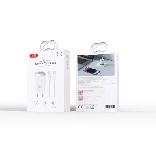 XO hálózati töltő CE21 PD 30W 1x USB-C 1x USB fehér + kábel USB-C - USB-C - 4