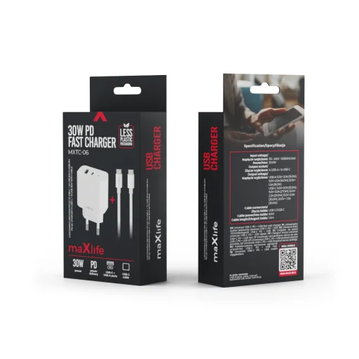 Maxlife MXTC-06-30AC PD QC töltő 1x USB-C 1x USB 30W fehér + USB-C - USB-C kábel 60W - 9