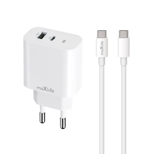 Maxlife MXTC-06-30AC PD QC töltő 1x USB-C 1x USB 30W fehér + USB-C - USB-C kábel 60W - 1