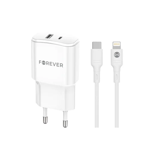 Forever TC-01-20AC PD QC töltő 1x USB-C 1x USB 20W fehér + USB-C - Lightning kábel 20W - 1