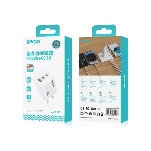 BWOO Gyors 65W GaN UTAZÓ TÖLTŐ CDA147 2 x USB-C, 1 x USB-A - 6