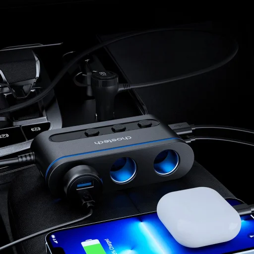 Choetech TC0021 autós töltő 2x USB-C PD 1x USB-A QC 3x szivargyújtó aljzat - fekete - 4